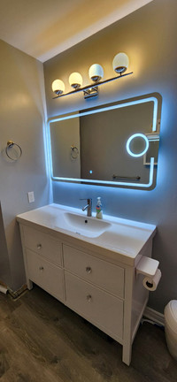 Bathroom vanity, vanity top, mirror with lights, faucet, light