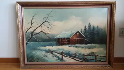 Nice antique Canadian cabin in the woods oil painting., View more