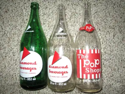 Nostalgic large-size pop bottles from the delivered-to-your-door DIAMOND BEVERAGES bottles from 1970...