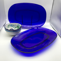 Pair Rondo Sapphire Blue Glass Platters & Portugal Bowl $20/Lot