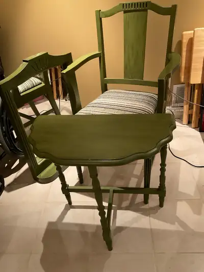 Green wood Console table, mirror, chair…matching set, View more