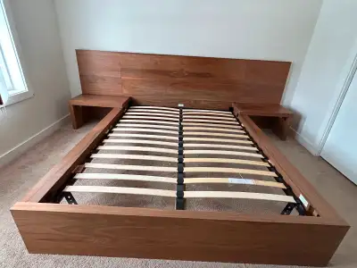 Queen walnut wood veneer 'Boom' bedframe from EQ3 with detachable built-in bedside tables, and sleek...