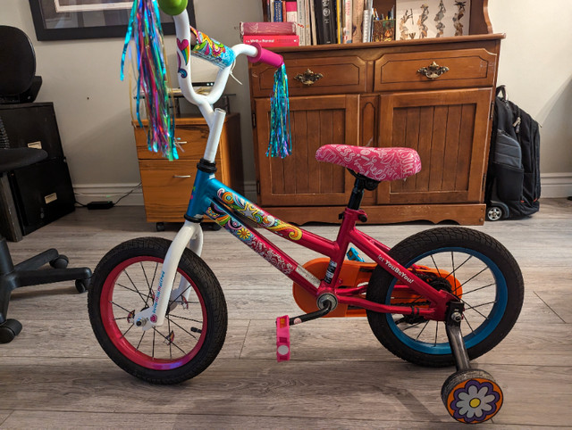TWO WHEEL CHILDS BIKE WITH TRAINING WHEELS- PINK with DESIGNS in Kids in Sault Ste. Marie