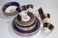 26 Piece set Palissy Pottery Blue with GOld Filigree and Floral