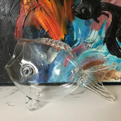 Vintage Blenko Style Glass Open Mouth Fish Vase / Terrarium / Display Bowl. Hand Blown Glass with ap...