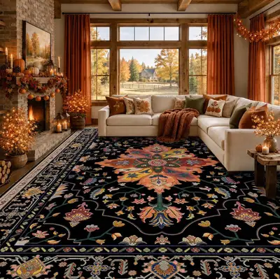 RELEANY Area Rug 8x10' Floral Washable Soft Print Black Colorful, View more