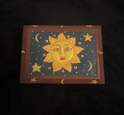 Vintage Celestial Sun & Moon Whimsical Wooden Decor Box, View more