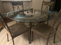 Metal and glass dining table and chairs