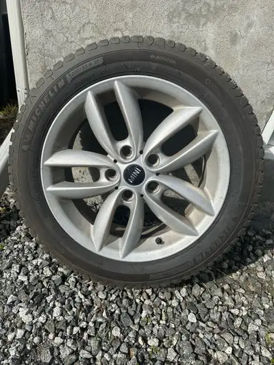 Set of 4 Michelin “Cross Climate 2” all-weather tires mounted on Mini rims, size 205/55 R17. Excelle...