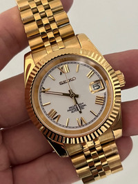 Seiko mod gold datejust white dial automatic watch