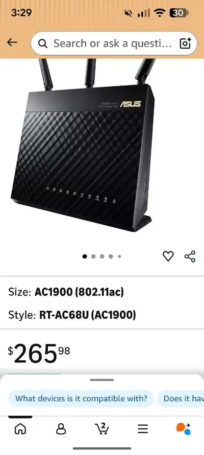 Asus RT-AC68U Wireless-AC1900 Dual Band Gigabit Router It's used like new RT-AC68U Dual-band 3x3 AC1...