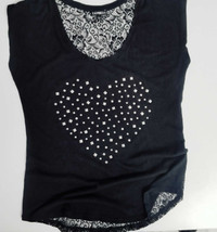 Rocker Silver Heart Jewelled Black T-Shirt w/ Lace Back