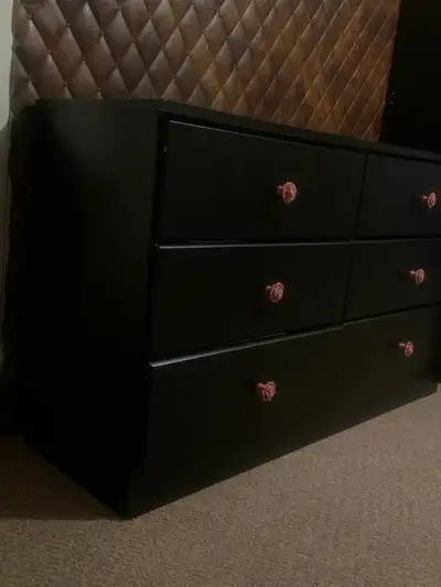 Black 6-Drawer Dresser w/ Pink Rose Knobs  (Moving Sale), View more