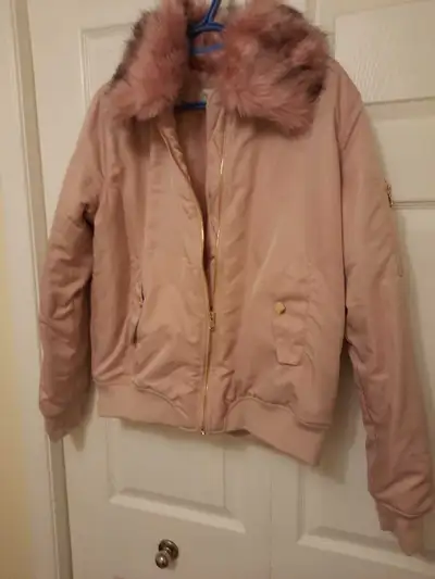 Pink jacket Faux fur collar, View more