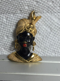 Outstanding vintage Blackamoor w Jeweled Turban Gold plated pin/