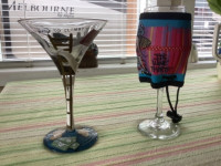 HAND PAINTED MARTINI GLASS AND WINE GLASS WITH WOOZIE COVER- NEW