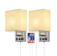 Plug in Wall Sconces (Set of 2), Wall Mount Bedside Lamps with U