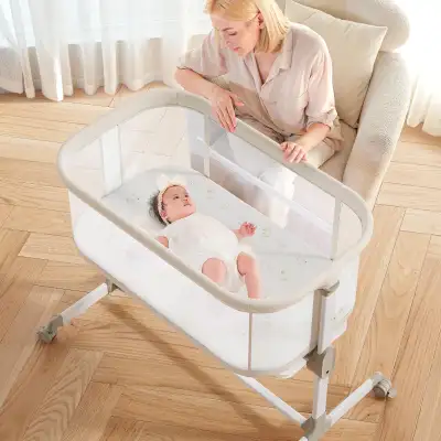 Beige Bedside Bassinet w Wheels - Adjustable Height, View more