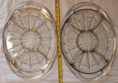 2 Jeanette Feather Gold Trim 5 Section Handled Relish Tray Clear, View more