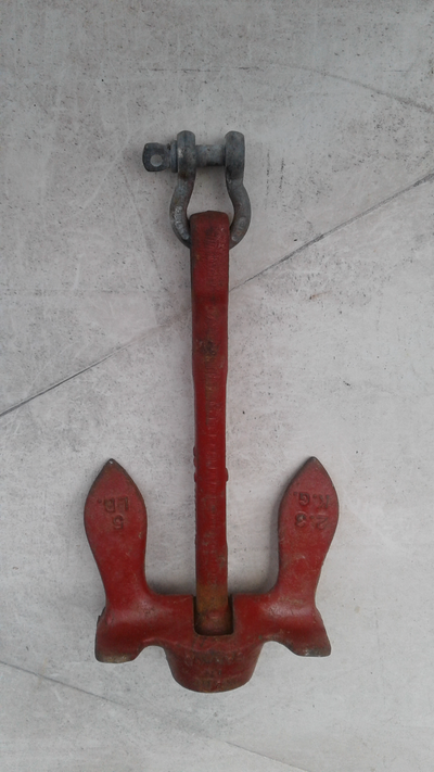 1 used, great condition - 5 lb. steel Navy Anchor. Red. comes with shackle. $25.00 Firm