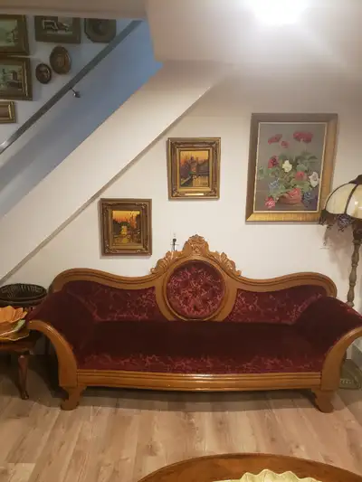 Mid century Victorian sofa/couch burgundy floral velvet Very good condition. Slim design. Comes from...