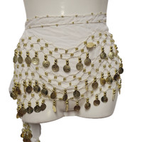 White Belly Dance Skirt Scarf Dancing Hip Sash with Gold Coins