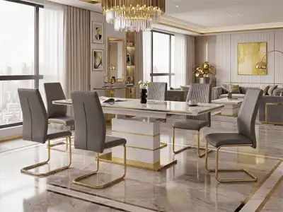 Luxury Modern Wood Dining Table Set – 6 Grey Chairs – Gold Base, View more