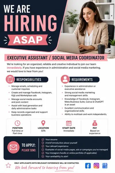 Hiring ASAP – Executive Assistant / Social Media Coordinator, View more