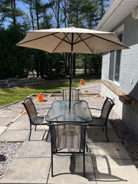 Outdoor Patio Dining Table & Chairs. Umbrella and stand included