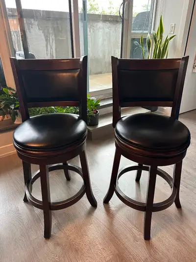Pair of Swivel Counter Stools – Wood & Faux Leather – Excellent, View more