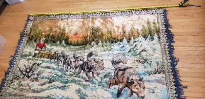 DOG SLED TRAVEL MIDNIGHT SUN Vintage ITALY MADE WALL TAPESTRY 72" x 46" - Vintage Alaska Dog Sled Id...