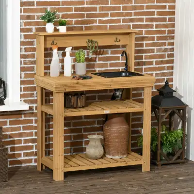 Outdoor Potting Bench Table with Faucet, Removable Sink, Hooks , View more