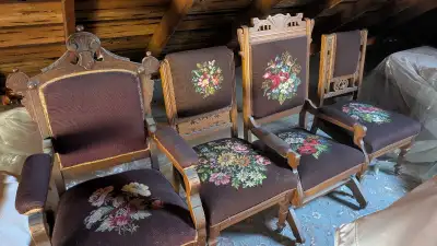 Antique needlepoint parlour chairs, View more