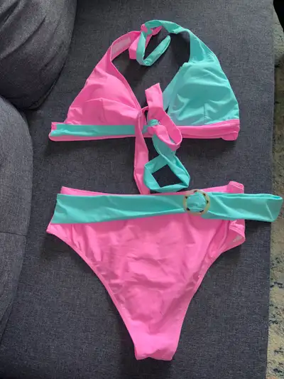 New 2Pcs Bikini Set Asymmetric pink and cyan blue swimwear-XL, View more