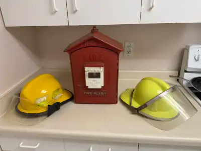 vintage fire alarm box & helmets , View more
