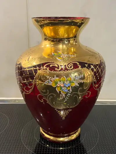 MURANO RUBY GLASS VASE, RAISED ENAMEL FLOWERS, H 10.5", DIA 8", View more