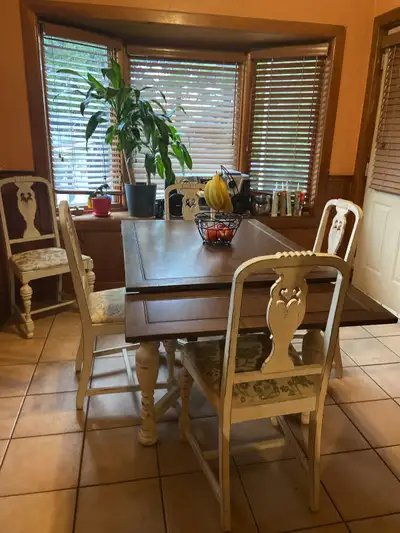 Antique Kitchen Table, pull out leaf ends with 6 chairs, View more