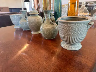 5pc Elegant Green Ceramic Decorative Vase Set, View more