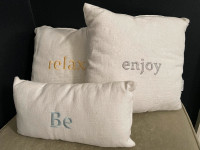 Set of Three Decorative Cotton Linen Pillows “Relax Enjoy Be”