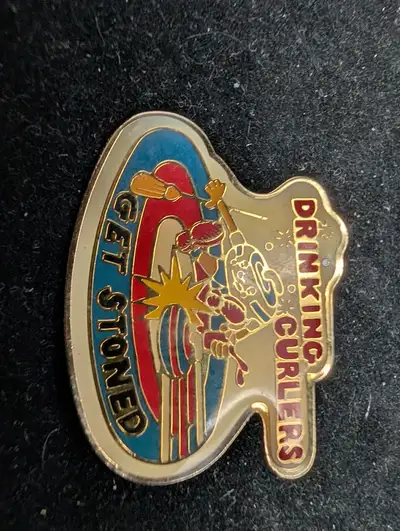Drinking Curlers Get Stoned Vintage Lapel Pin, View more