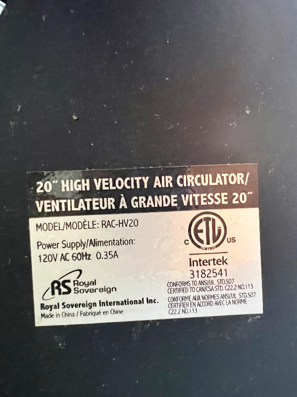 20in High Velocity Floor Fan dans Éclairage intérieur et plafonniers  à Ouest de l’Île - Image 4