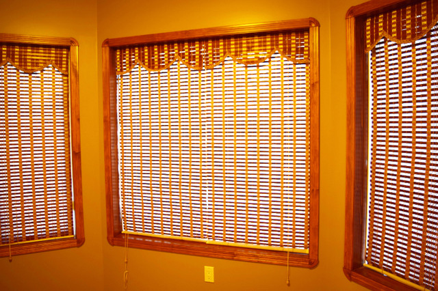 Two Pairs of Bamboo Window Blinds with Outside White Cloth in Window Treatments in Medicine Hat