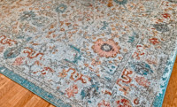 Staged Colourful Floral Accented Rug in Brand New Conditon