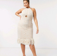 Embellished Pearl High Neck Midi Dress with Feathered Hem - Size