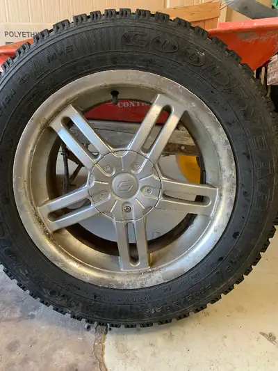 4 rims and tires 215/60R16 Goodyear nordak snow tires on chrome rims in great shape. Used three seas...