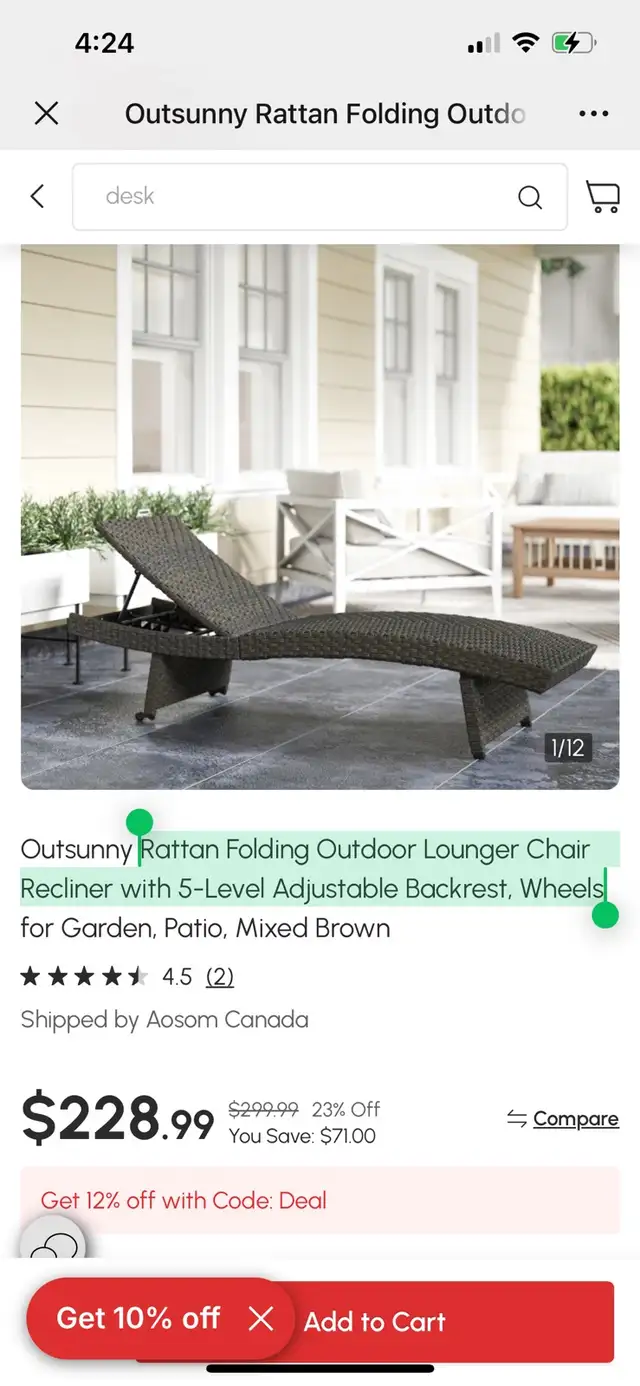 Rattan Folding Outdoor Lounger Chair Recliner with 5-Level Adjus in Chairs & Recliners in Markham / York Region - Image 2