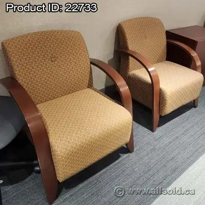 Pair of Light Brown Patterned Sofa Armchairs w/ Wood Frames, View more