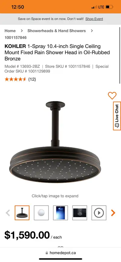 BRAND NEW IN BOX + RECEIPT FOR WARRANTY KOHLER 1-Spray 10.4-inch Single Ceiling Mount Fixed Rain Sho...