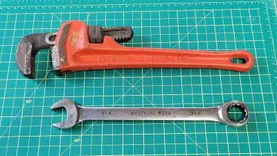12 " Ridgid pipe wrench in like new conditionand a 3/4 inch Westward RC24 gear wrench. Price listed...