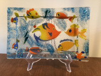 PRICE DROP! Fused Art Glass Tray Platter with Swimming Fish